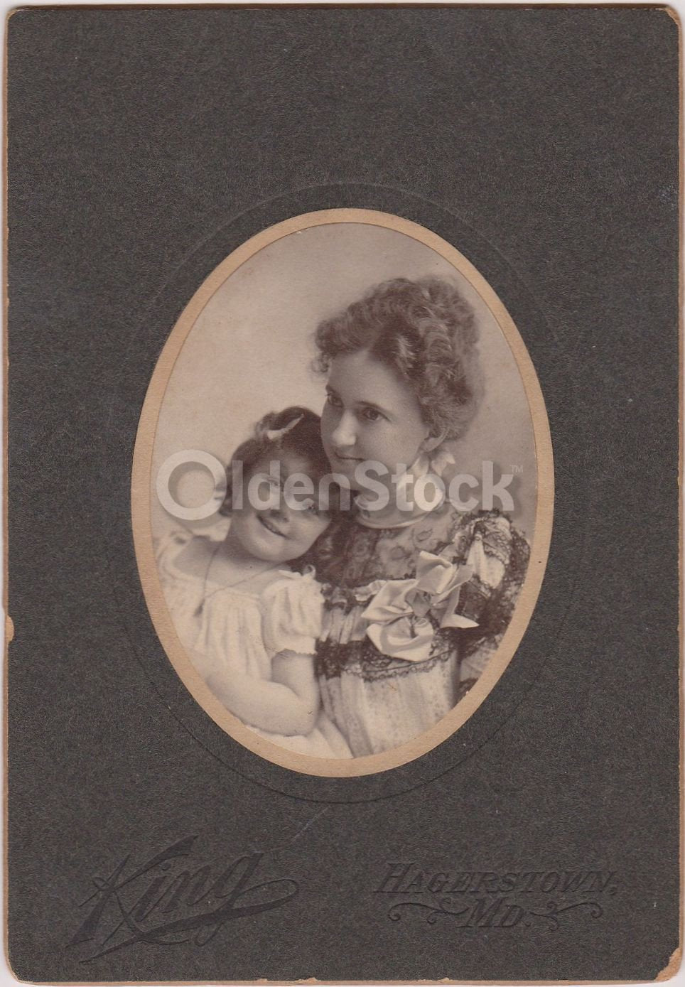 Darling Little Girl Cuddling Mom IDed Antique Mother & Daughter Snapshot Photo on Board