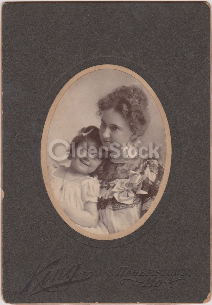 Darling Little Girl Cuddling Mom IDed Antique Mother & Daughter Snapshot Photo on Board