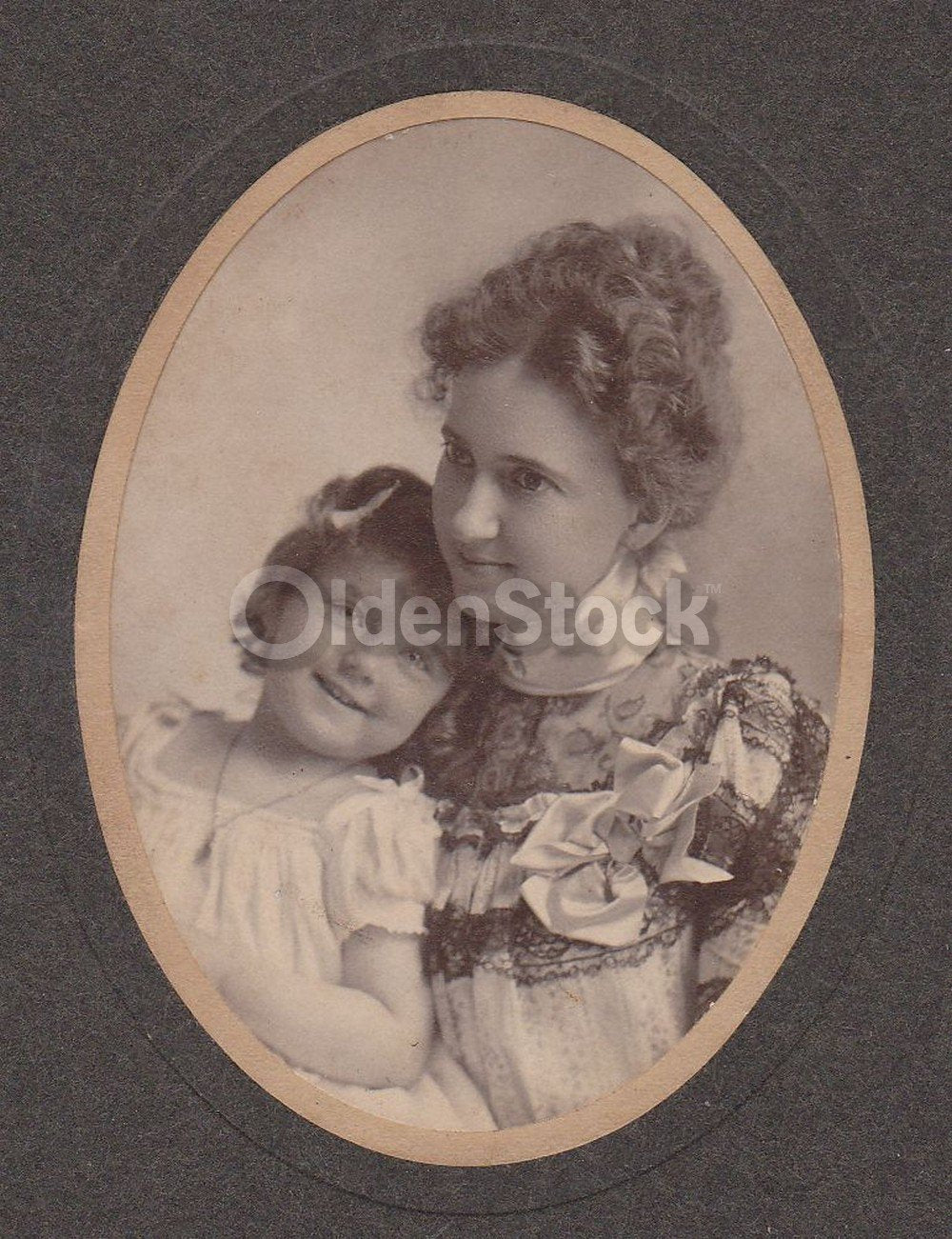 Darling Little Girl Cuddling Mom IDed Antique Mother & Daughter Snapshot Photo on Board