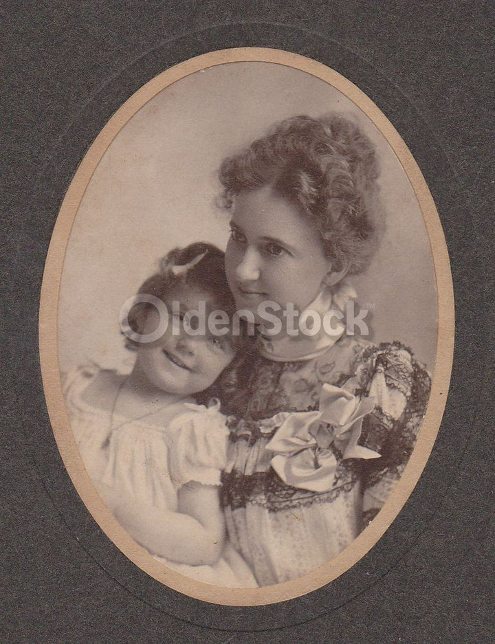Darling Little Girl Cuddling Mom IDed Antique Mother & Daughter Snapshot Photo on Board