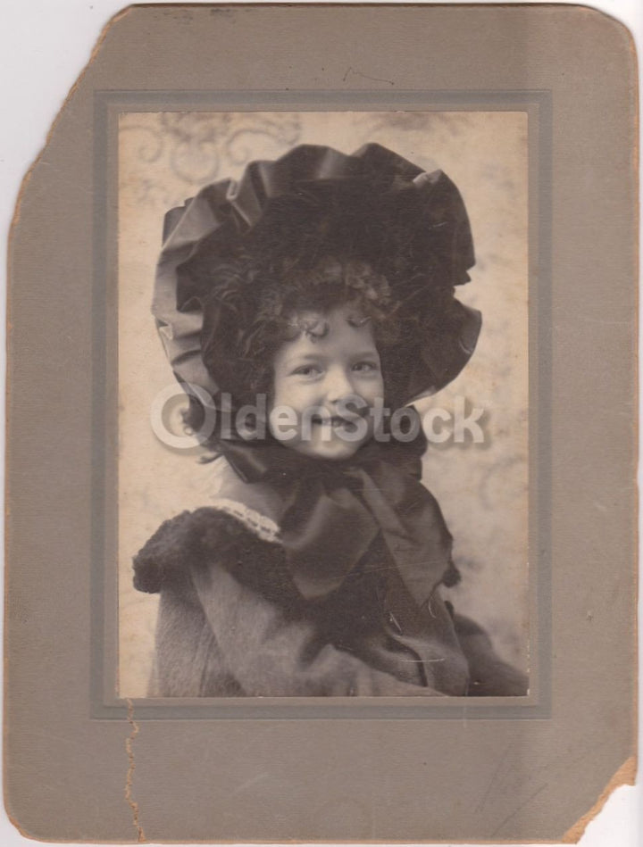 Darling Little Girl Great Smile Fine Bonnet IDed Antique Snapshot Photo on Board