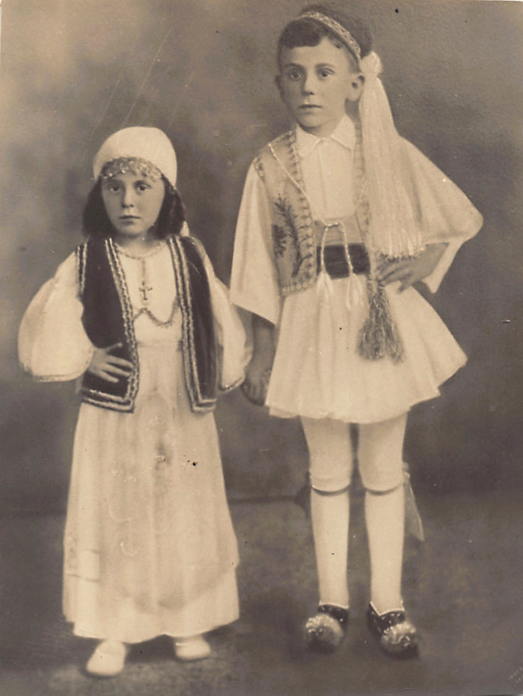 Czech Children in Ethnic Costume Brother & Sister Antique Snapshot Photo