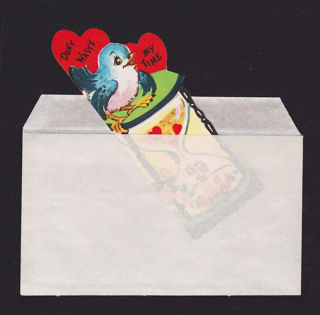 Don't Waste My Time Valentine Cute Birdie Hourglass Vintage Valentine's Day Greeting Card