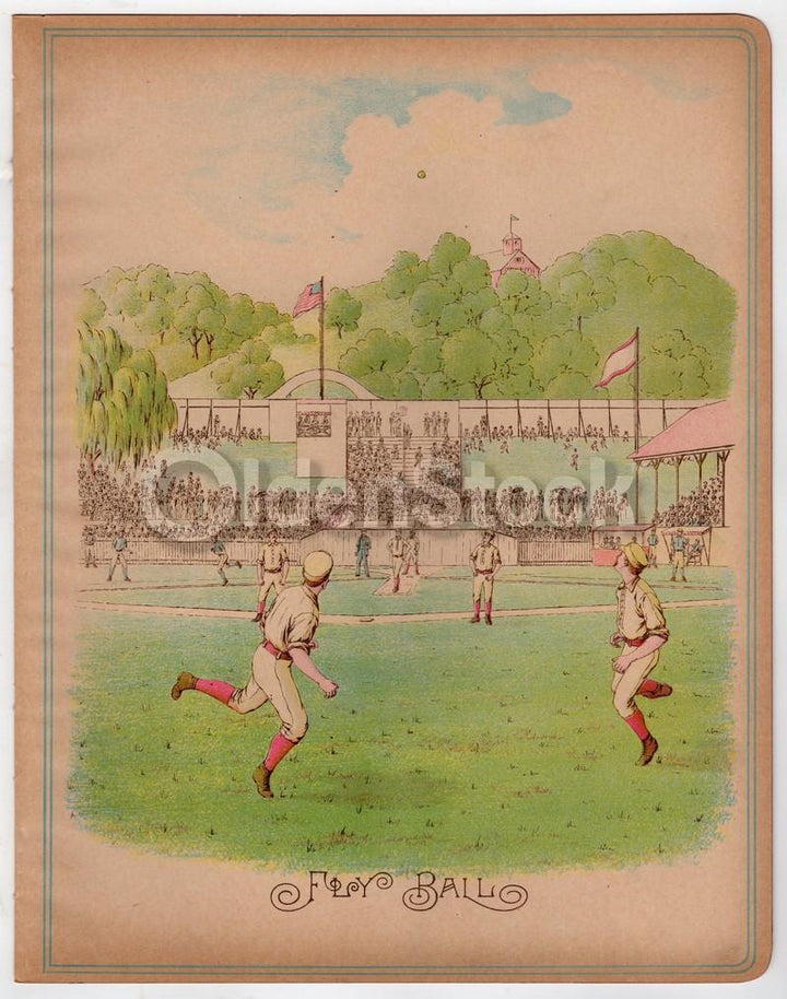 Early American Baseball Game Fly Ball! Antique Chromolithograph Print 10.5x13.5"