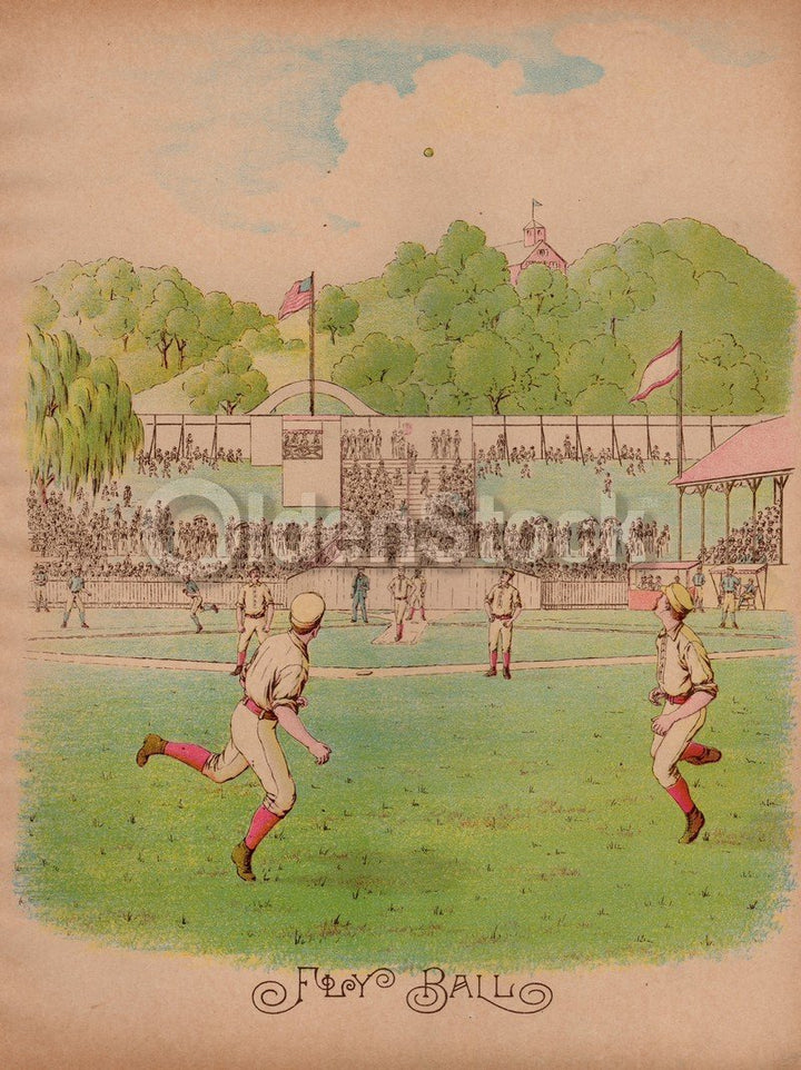 Early American Baseball Game Fly Ball! Antique Chromolithograph Print 10.5x13.5"