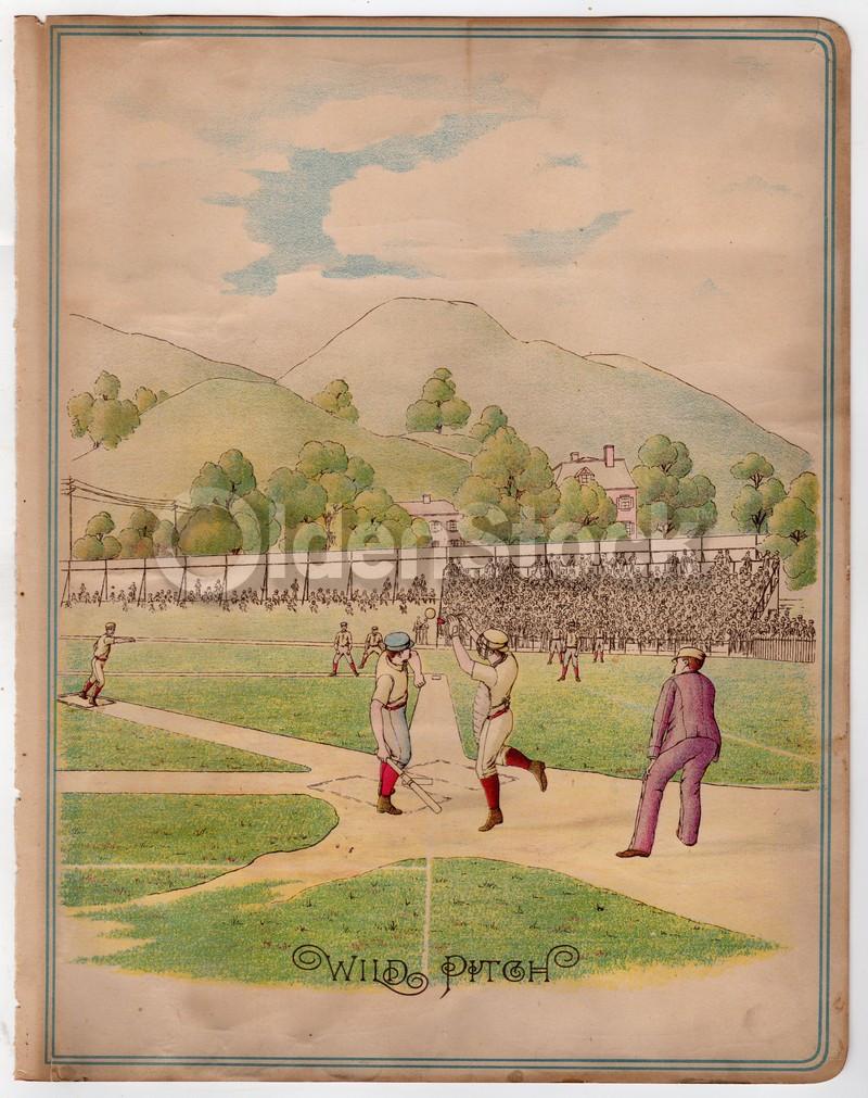 Early American Baseball Game Pitcher's Wild Pitch Rare Antique Chromolithograph Print 10.5x13.5"