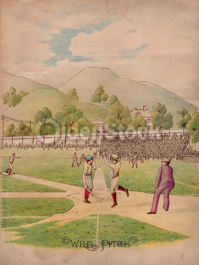 Early American Baseball Game Pitcher's Wild Pitch Rare Antique Chromolithograph Print 10.5x13.5"