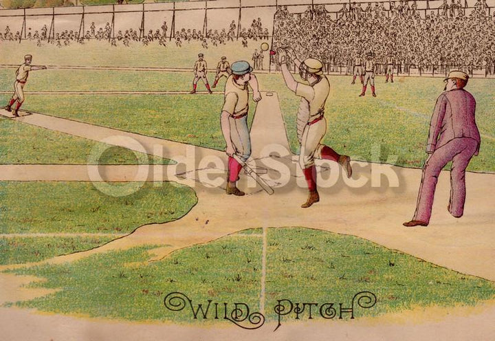 Early American Baseball Game Pitcher's Wild Pitch Rare Antique Chromolithograph Print 10.5x13.5"