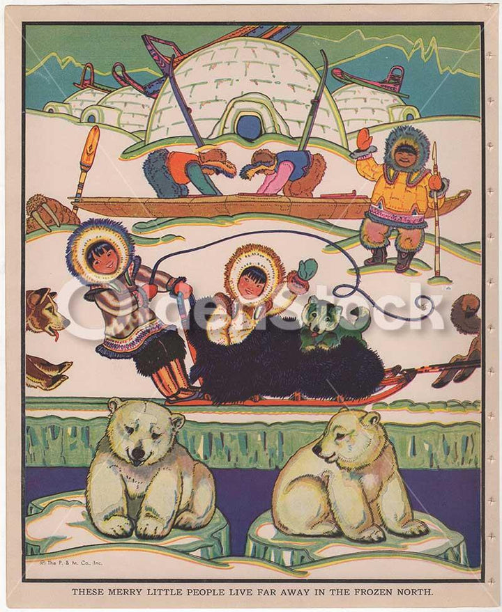 Eskimo Family Cute Kids & Polar Bears Antique Art Deco Graphic Illustration Prin