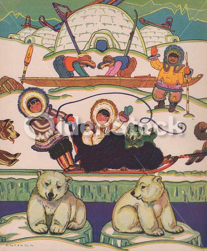 Eskimo Family Cute Kids & Polar Bears Antique Art Deco Graphic Illustration Prin