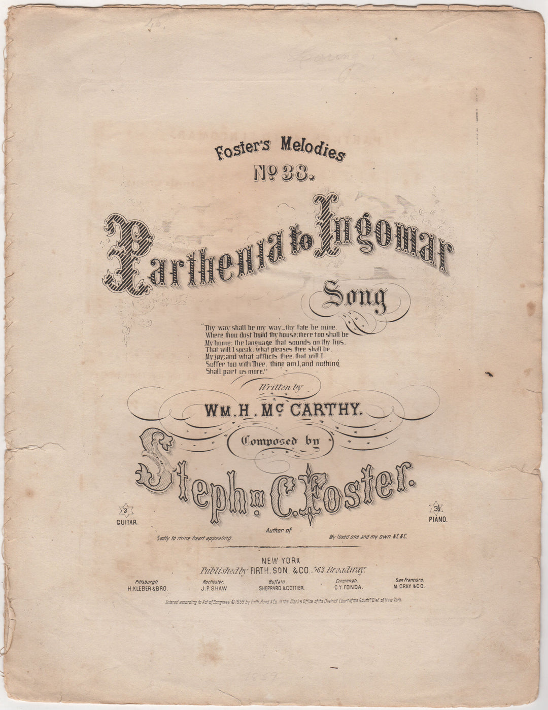 Stephen Foster Parthenia Ingomar Antique Sheet Music by Wm McCarthy 1859