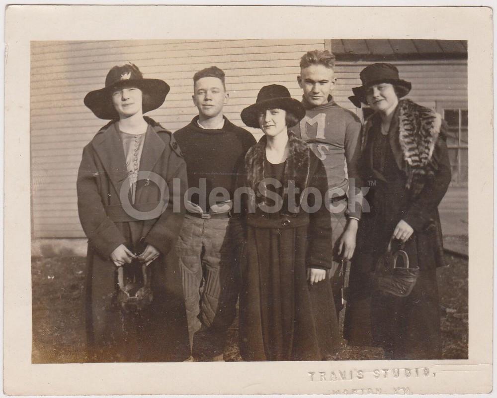 Football Boys in Uniform and Their Ladies Antique Snapshot Photograph