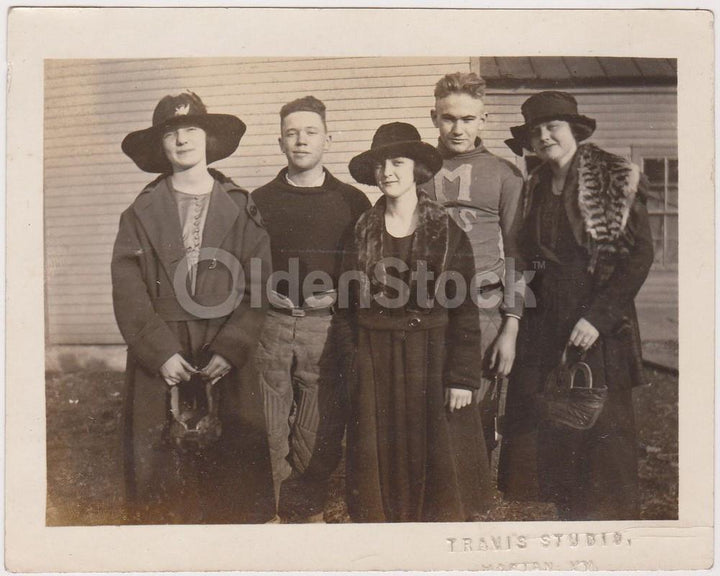 Football Boys in Uniform and Their Ladies Antique Snapshot Photograph