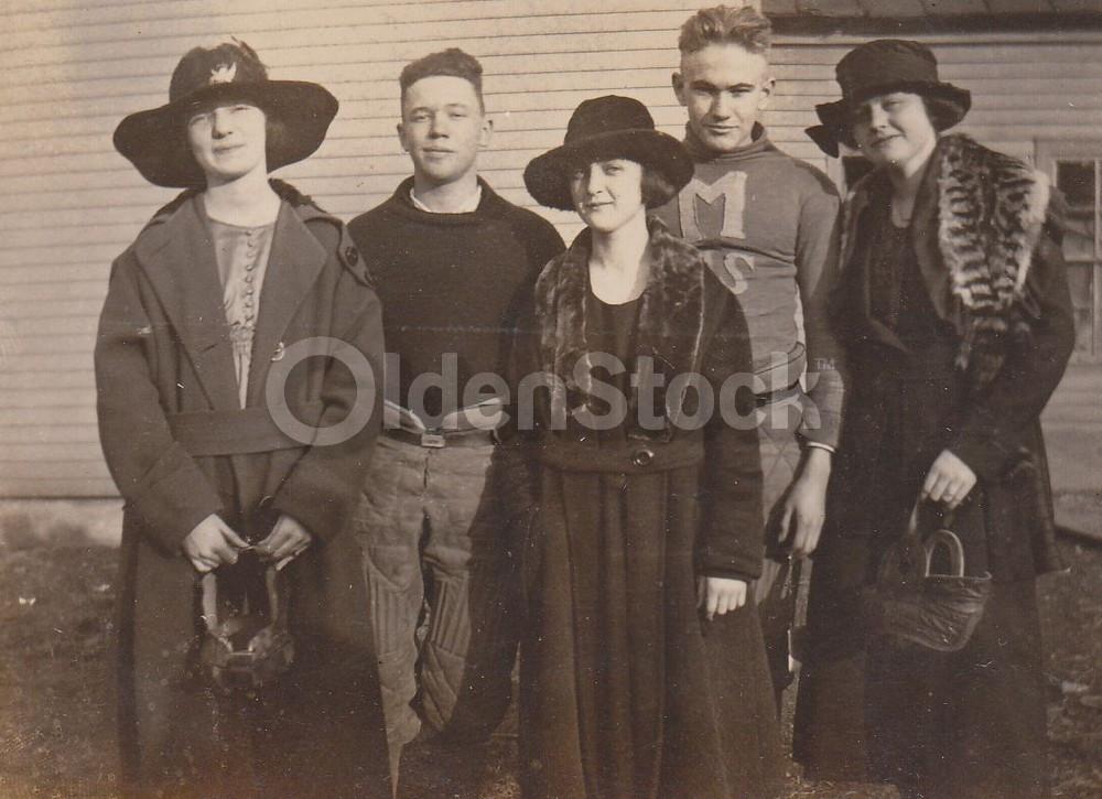 Football Boys in Uniform and Their Ladies Antique Snapshot Photograph