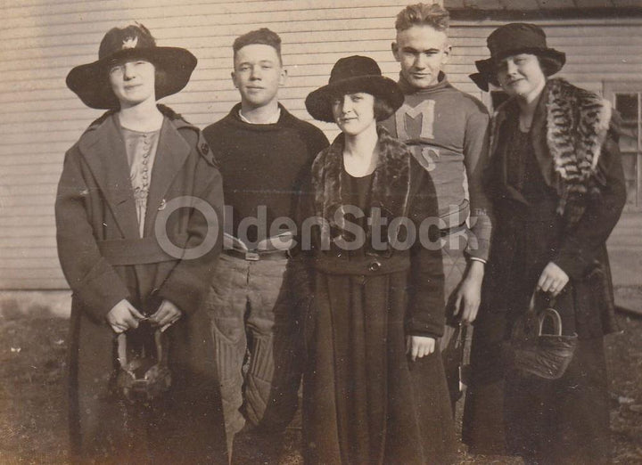 Football Boys in Uniform and Their Ladies Antique Snapshot Photograph