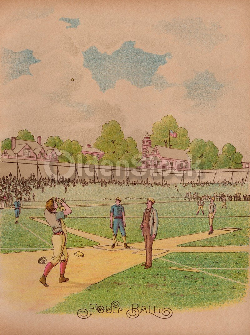 Foul Ball! Early American Baseball Game Catcher Antique Chromolithograph Print 10.5x13.5"
