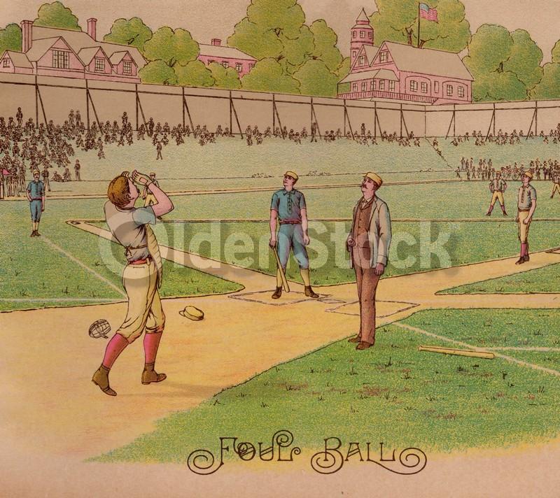 Foul Ball! Early American Baseball Game Catcher Antique Chromolithograph Print 10.5x13.5"