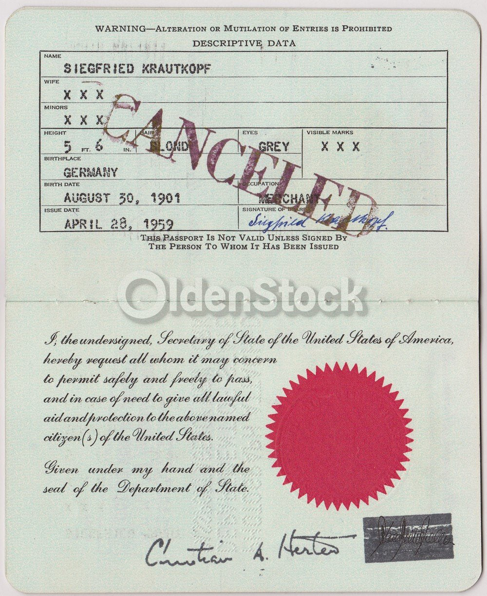 German Man Post-WWII Vintage Cancelled US Passport - Stamps to Bulgaria Uruguay