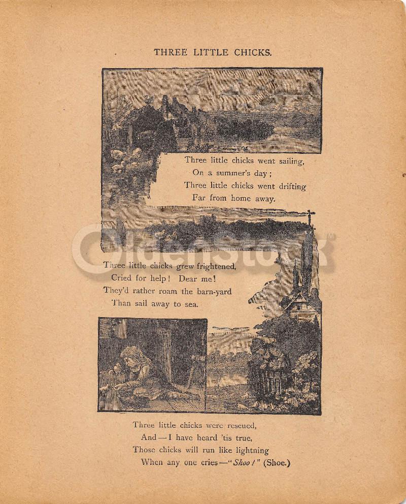 Three Little Chicks Old Farm House Poem Antique Graphic Illustration Print 1902