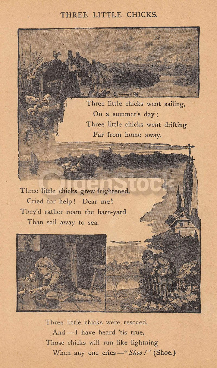 Three Little Chicks Old Farm House Poem Antique Graphic Illustration Print 1902