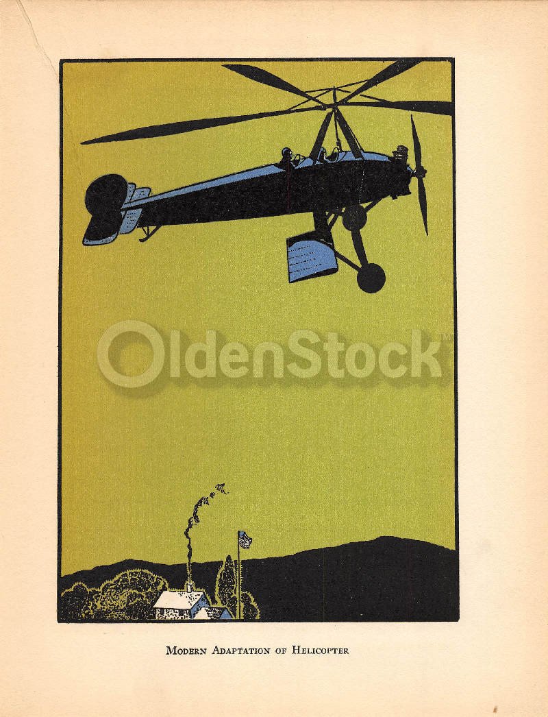 Helicopter Bi-plane Invention Antique Graphic Art Deco Illustration Print 1928