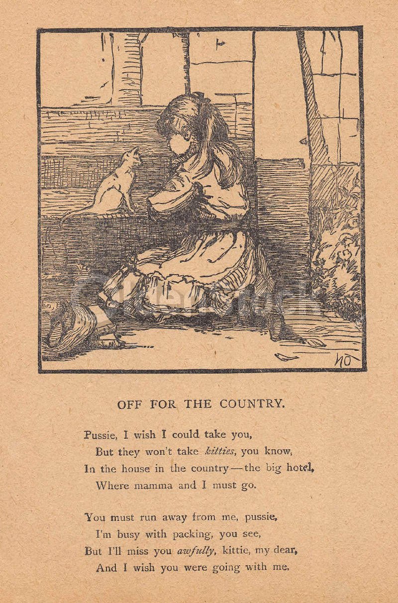 Little Girl & Her Cat Off for the Country Antique Graphic Illustration Print 1902