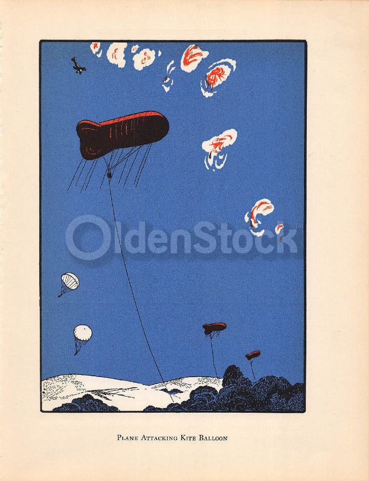 US Army Kite Balloons Under Attack Vintage 1920s Aviation Art Print