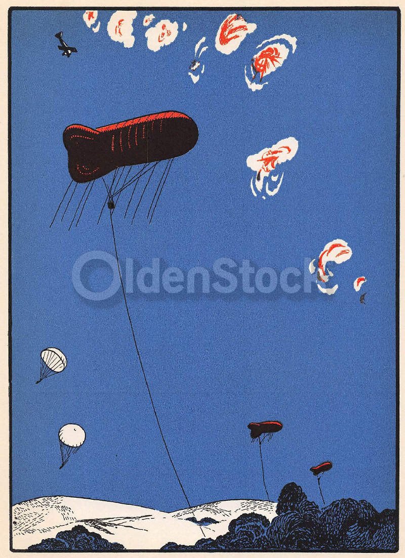 US Army Kite Balloons Under Attack Vintage 1920s Aviation Art Print