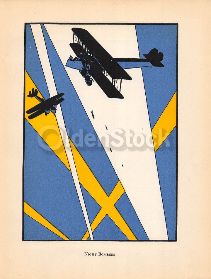 Night Bombers WWI Bi-planes Vintage Graphic Art Deco Illustration Print