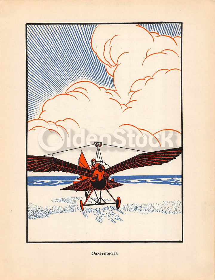 Ornithopter Experimental Aviation Invention Vintage Graphic Art Deco Illustration Print