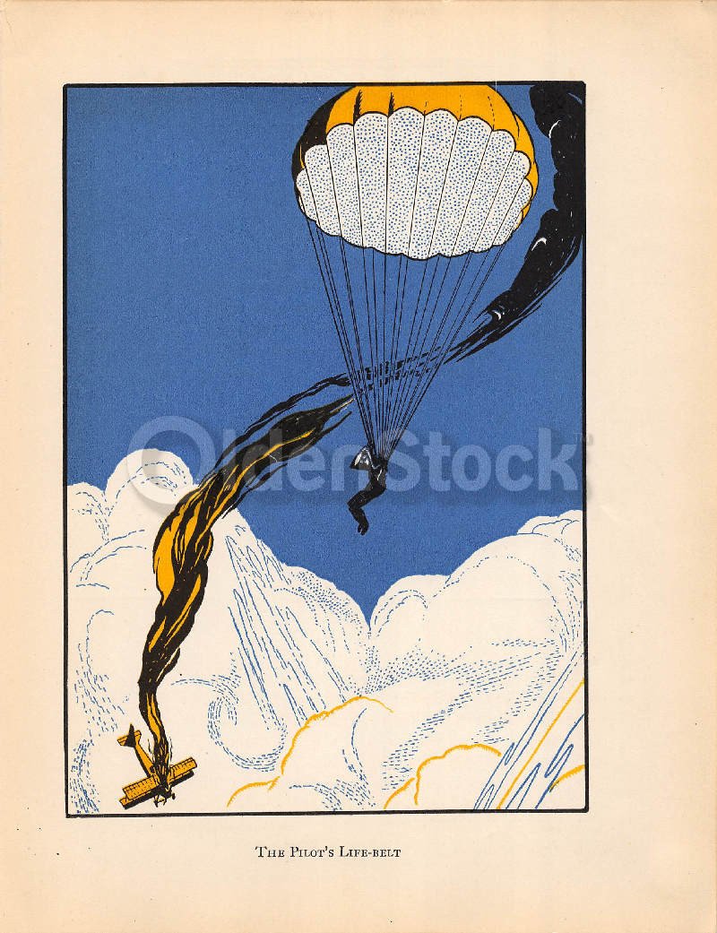 WWI Fighter Pilot Shot Down Parachuting Vintage Graphic Art Deco Illustration Print