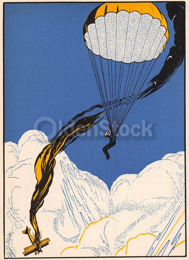 WWI Fighter Pilot Shot Down Parachuting Vintage Graphic Art Deco Illustration Print