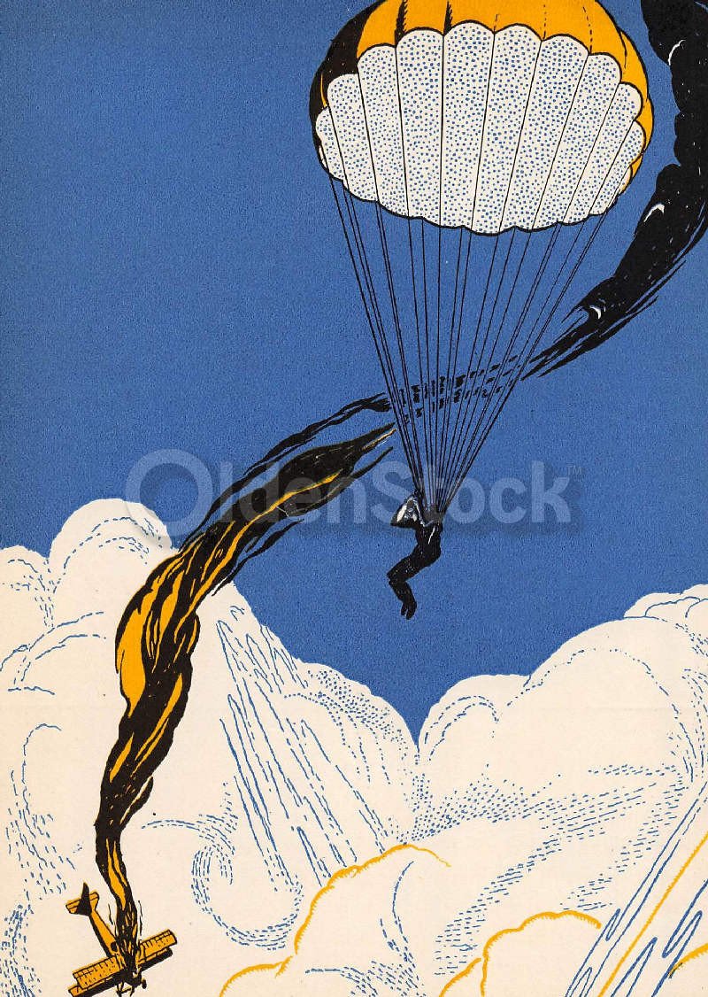 WWI Fighter Pilot Shot Down Parachuting Vintage Graphic Art Deco Illustration Print