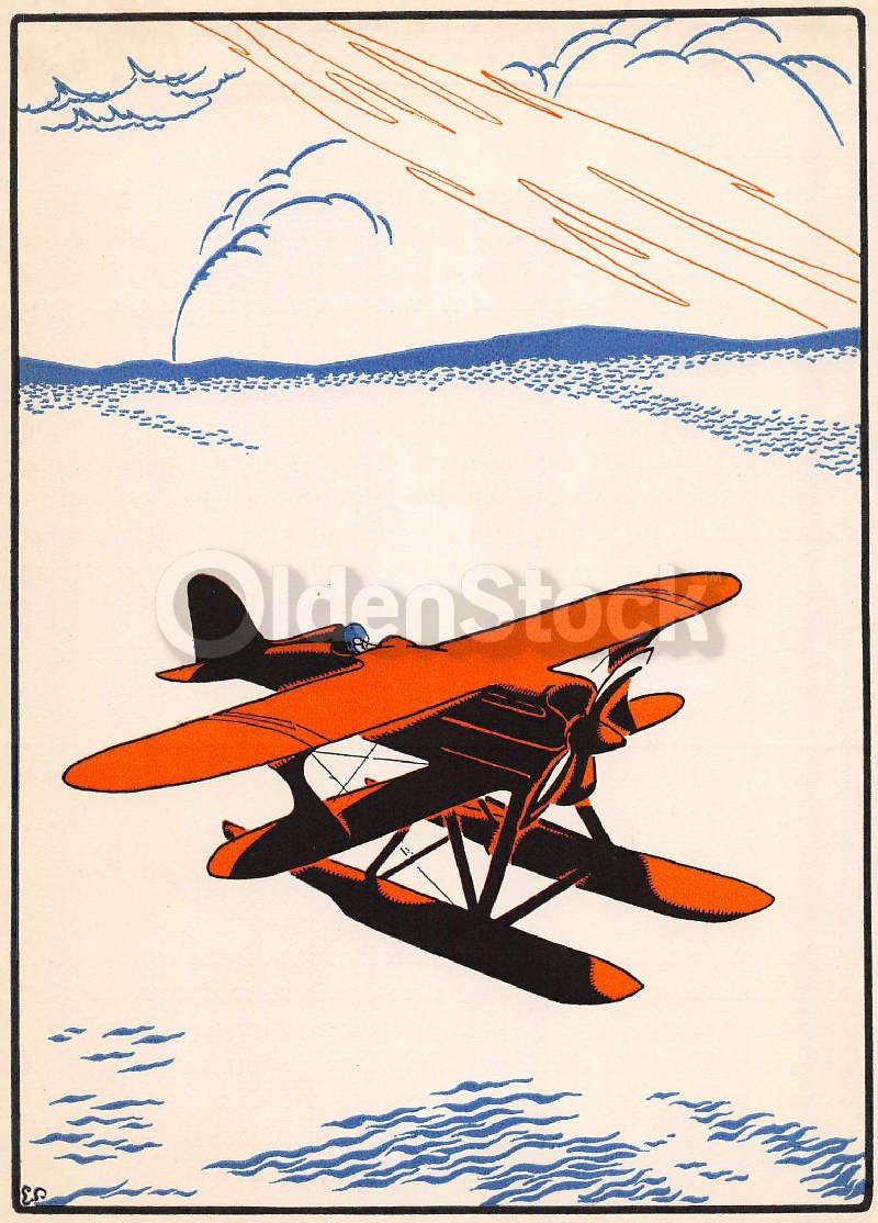 Sleek Sea Plane Soaring the Oceans Antique Graphic Art Deco Kids Illustration Print