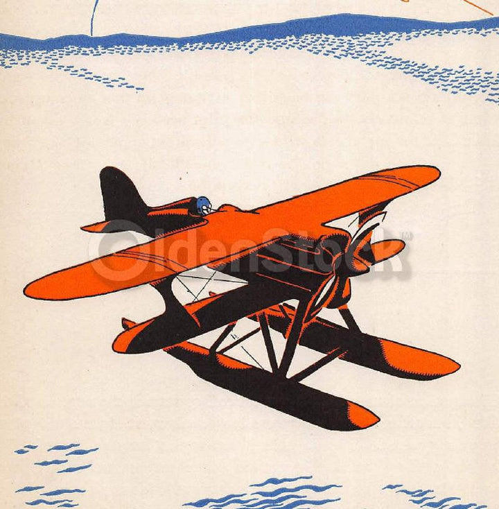 Sleek Sea Plane Soaring the Oceans Antique Graphic Art Deco Kids Illustration Print