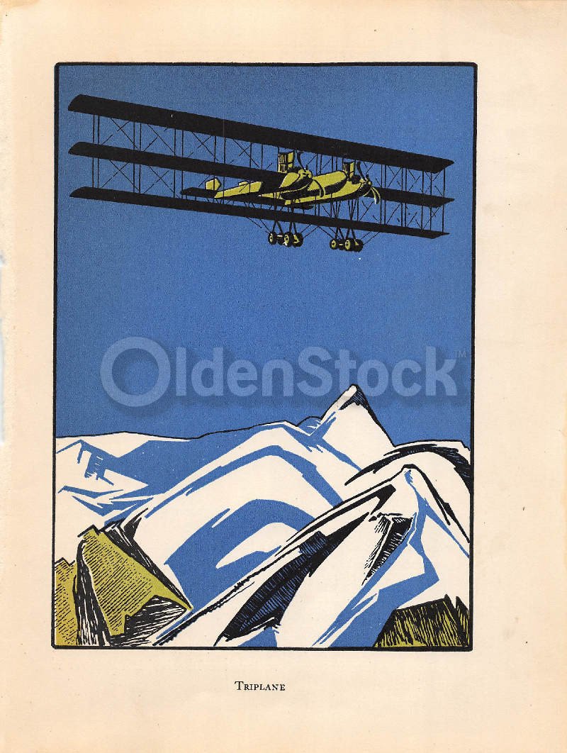 Old Tri-Plane Soaring Over the Alps Antique Graphic Art Illustration Print 1928