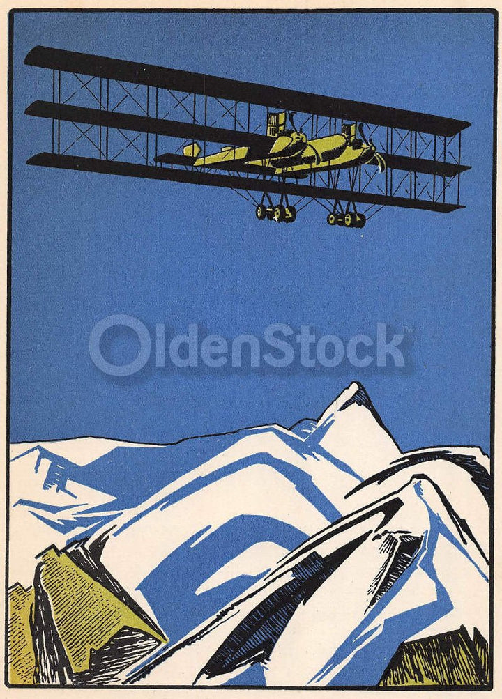 Old Tri-Plane Soaring Over the Alps Antique Graphic Art Illustration Print 1928