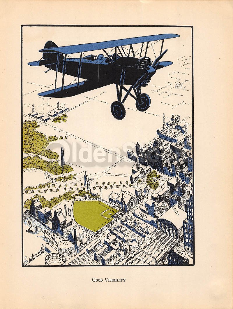 Early American Aviation Plane Flyover Baseball Field Antique Art Deco Graphic Illustration Print