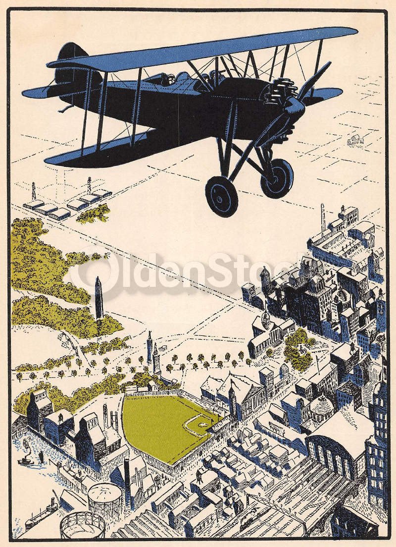 Early American Aviation Plane Flyover Baseball Field Antique Art Deco Graphic Illustration Print