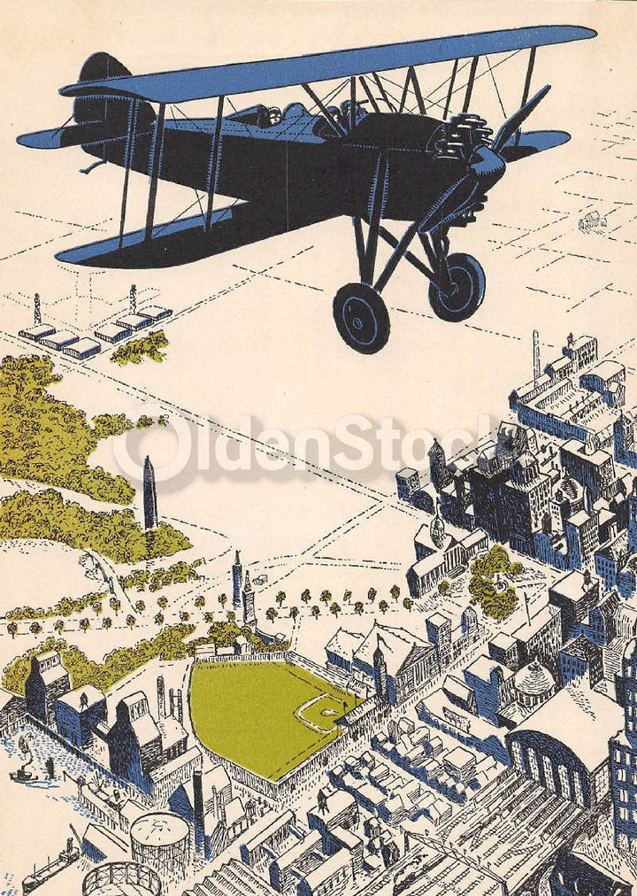 Early American Aviation Plane Flyover Baseball Field Antique Art Deco Graphic Illustration Print