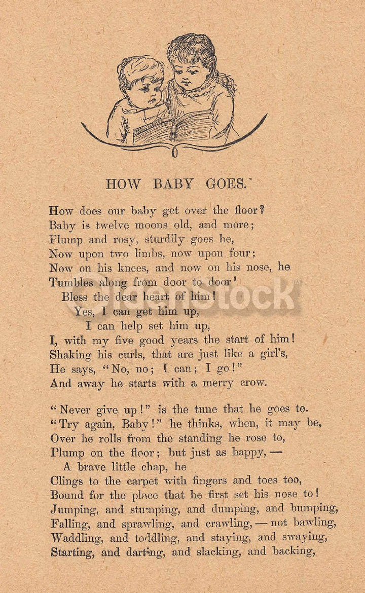 Cute Baby's First Crawling Poem Antique Graphic Illustration Print 1902