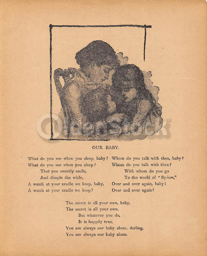 Mother Daughter & Sleeping Baby Poem Antique Nursery Decoration Print 1902