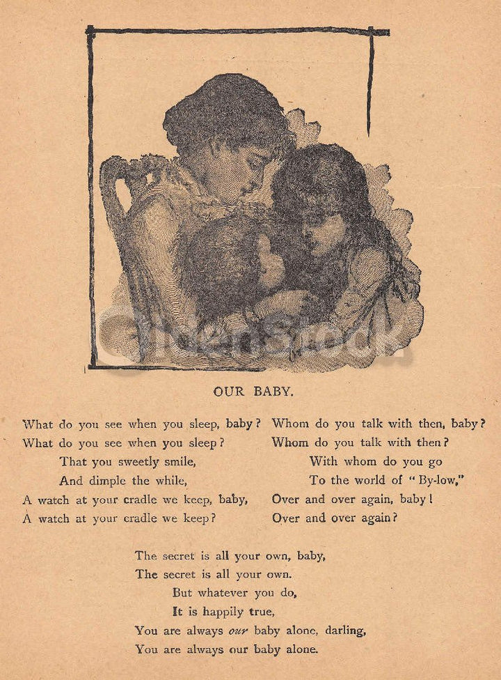 Mother Daughter & Sleeping Baby Poem Antique Nursery Decoration Print 1902