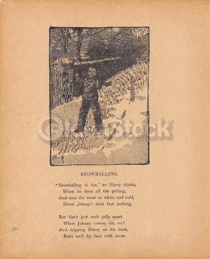 Cute Little Boy Throwing Snowballs Poem Antique Nursery Decoration Print 1902