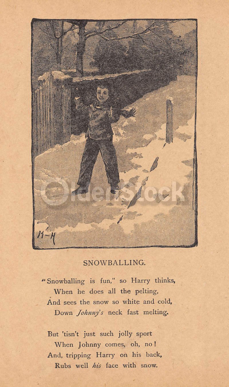 Cute Little Boy Throwing Snowballs Poem Antique Nursery Decoration Print 1902