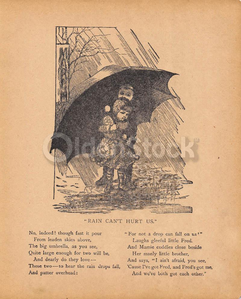 Protective Brother & Sister Playing in the Rain Antique Nursery Decoration Print 1902