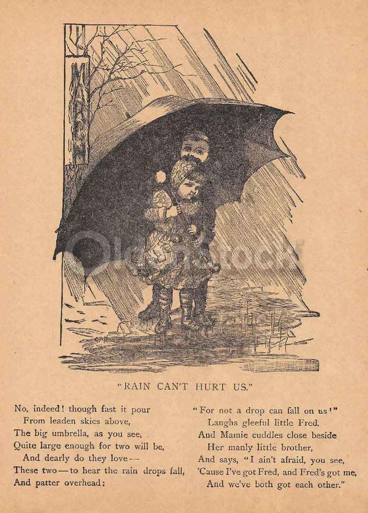 Protective Brother & Sister Playing in the Rain Antique Nursery Decoration Print 1902