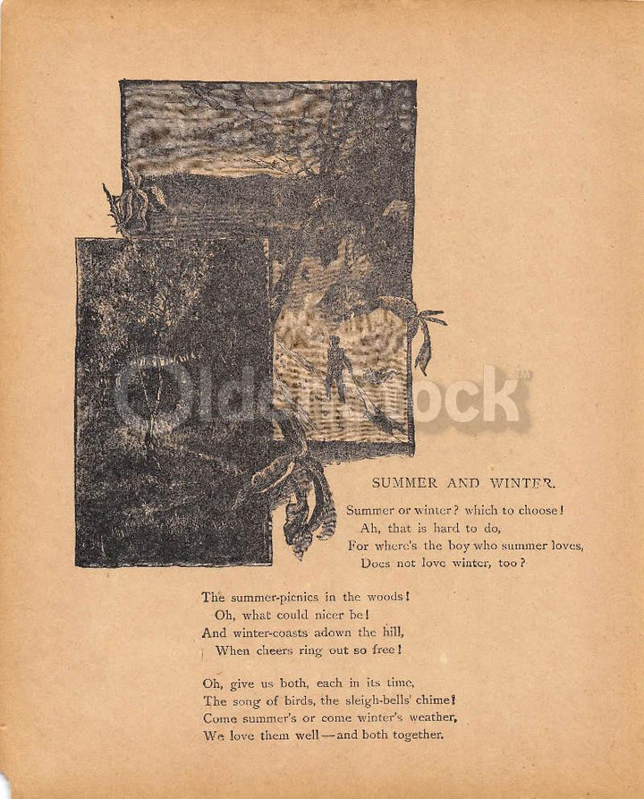 Summer & Winter Contrast Poem Antique Nursery Decoration Print 1902