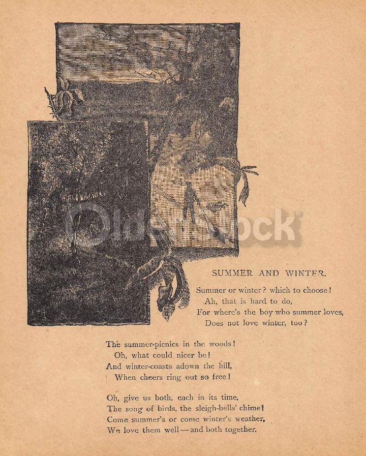 Summer & Winter Contrast Poem Antique Nursery Decoration Print 1902