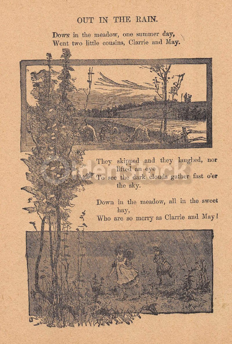 Cute Little Cousins Playing in the Rain Poem Antique Nursery Rhyme Print 1902